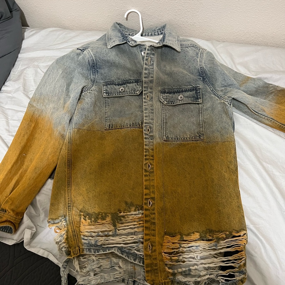 Distressed Denim Jacket with Ombre Design